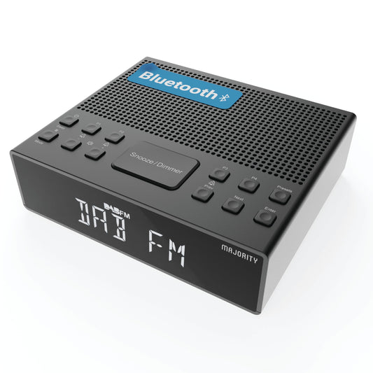 MAJORITY Knapwell | Bluetooth DAB, DAB+ radio alarm clock | Bedside radio with dual alarm, snooze function, large dimmable display | High-fidelity sound, USB charging | FM, headphone jack
