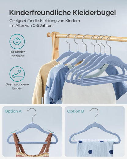 SONGMICS Children's Hangers, Set of 50 Kids Hangers, Baby Hangers, Velvet Hangers, 360° Rotating Hook in Silver, Space-saving, Non-slip, for Wardrobe, Pale Blue CRF027Q05