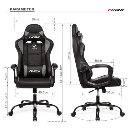 IWMH Gaming Chair, Ergonomic Computer Chair with High Backrest, Height Adjustable Swivel Chair, Racing Chair with Armrests, Adjustable Headrest and Lumbar Support (Gray)