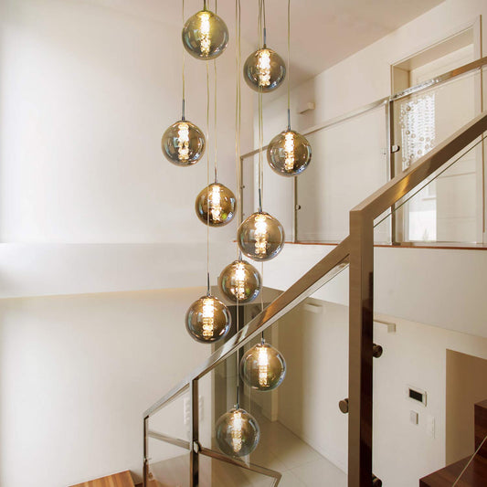 CBJKTX pendant light staircase pendant lamp height adjustable - modern dining table pendant light 10-flame hanging lamp smoke grey made of glass 200CM dining table lamp for living room dining room kitchen hallway staircase