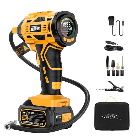 21V cordless air compressor - 12.4 Bar/180 PSI high-pressure electric pump with LED light & cooling system, portable air compressor for car, motorcycle, bicycle including 12V power supply & sports bag, yellow-black.