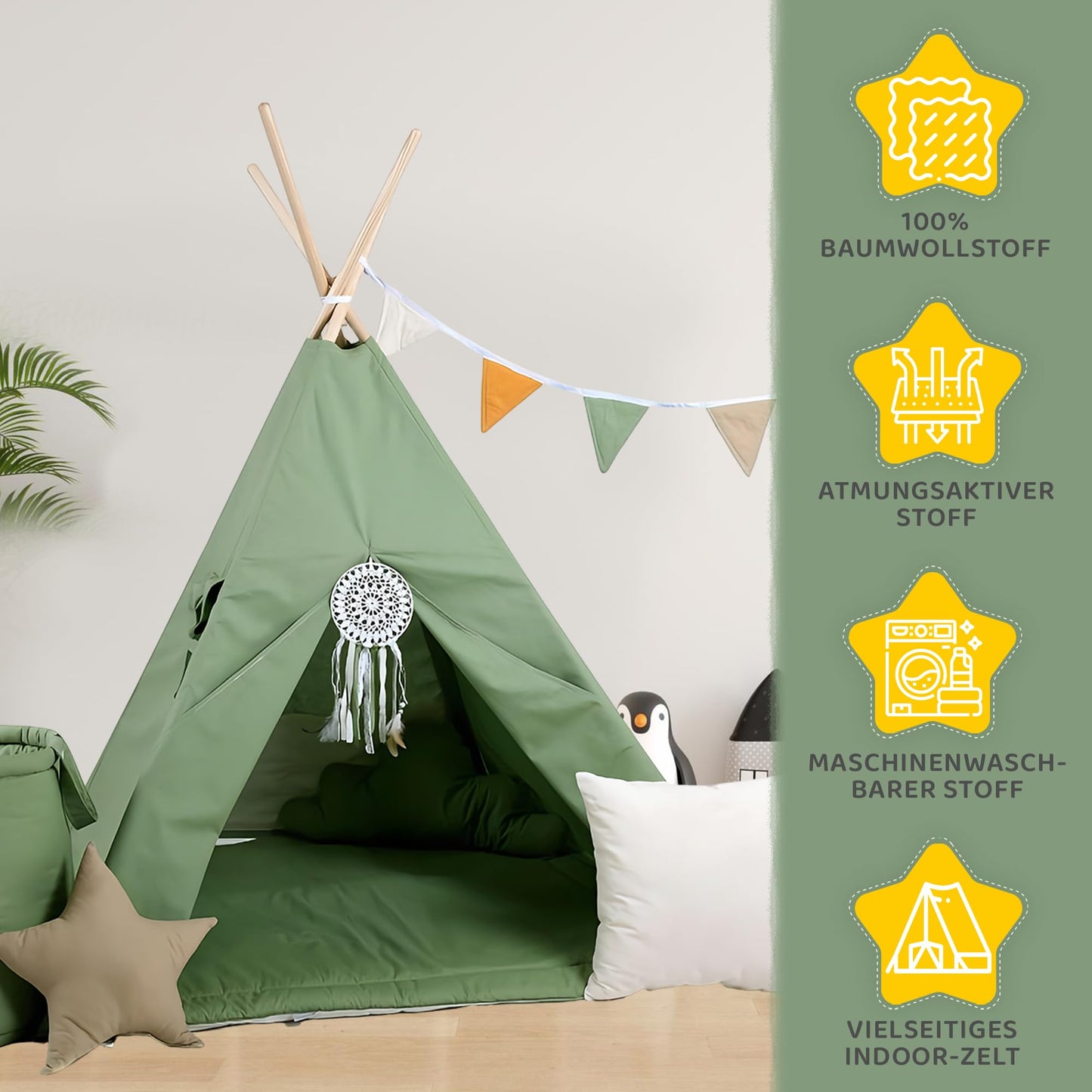 Children's Teepee Tipi Set for kids, indoor/outdoor play tent, 8 elements including teepee, Indian tipi with window, etc. (with accessories forest spirit)