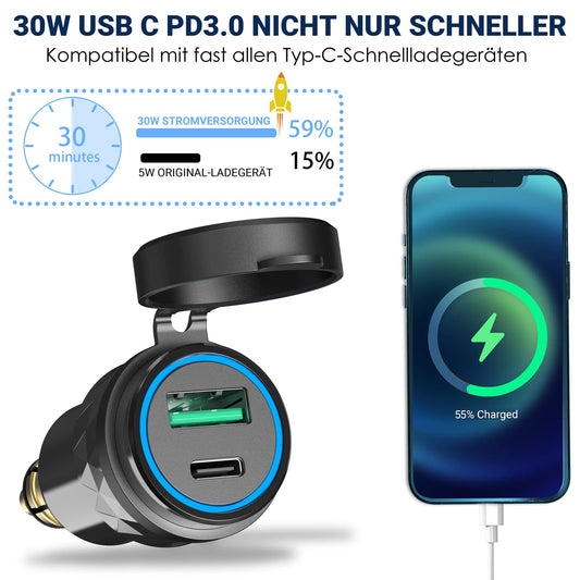 30W PD USB C socket adapter for BMW motorcycle DIN Hella EU plug: PD & QC 3.0 USB socket waterproof cigarette lighter charger for 12-24V boat truck caravan Ducati Triumph