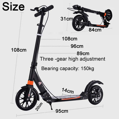 Adult Kick Scooter with Big Wheels, Dual Suspension, Folding Design, Anti-Slip PU, Double Shock Absorption System with Disc & Hand Brake, 150kg Capacity.