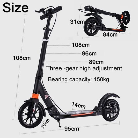 Adult Kick Scooter with Big Wheels, Dual Suspension, Folding Design, Anti-Slip PU, Double Shock Absorption System with Disc & Hand Brake, 150kg Capacity.