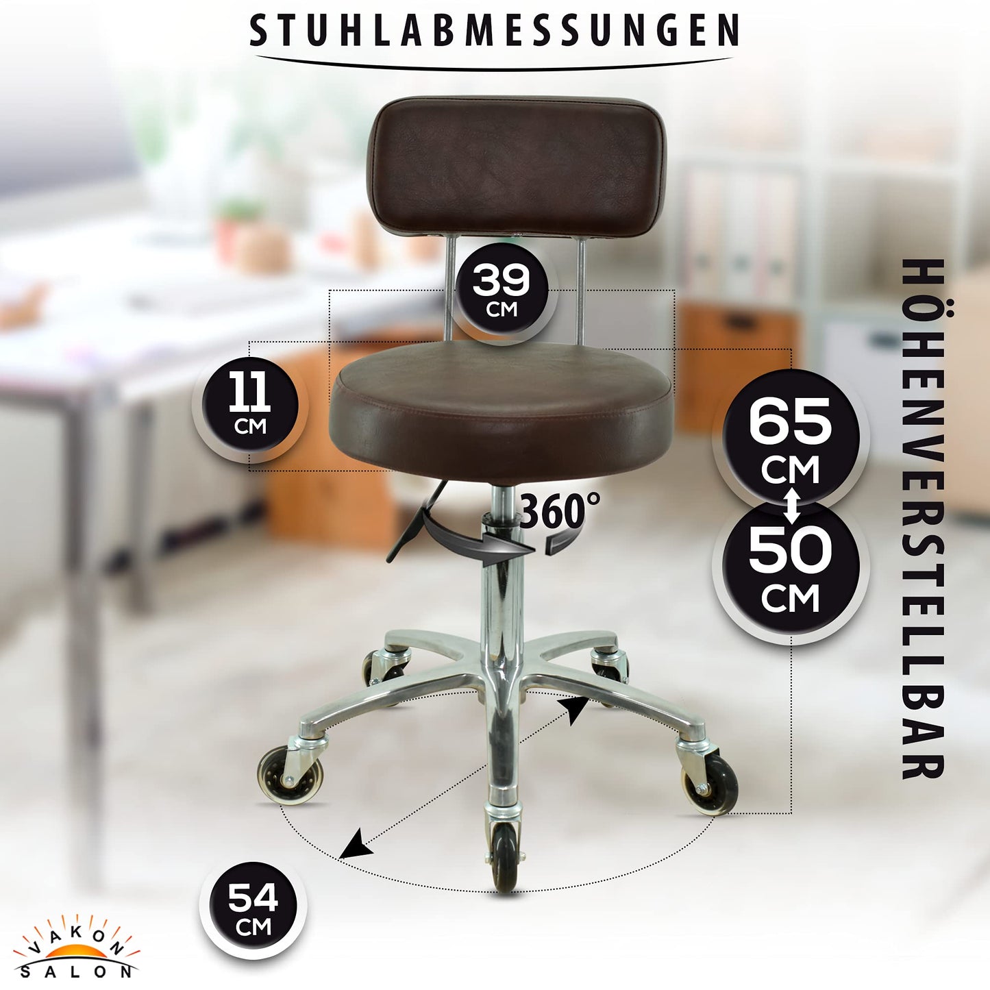 VAKON SALON - Premium rolling stool with backrest in brown - Adjustable height from 50 to 65 cm - Round seat - Swivel stool work stool practice stool.