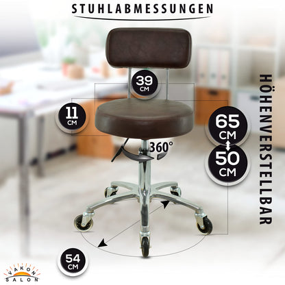VAKON SALON - Premium rolling stool with backrest in brown - Adjustable height from 50 to 65 cm - Round seat - Swivel stool work stool practice stool.