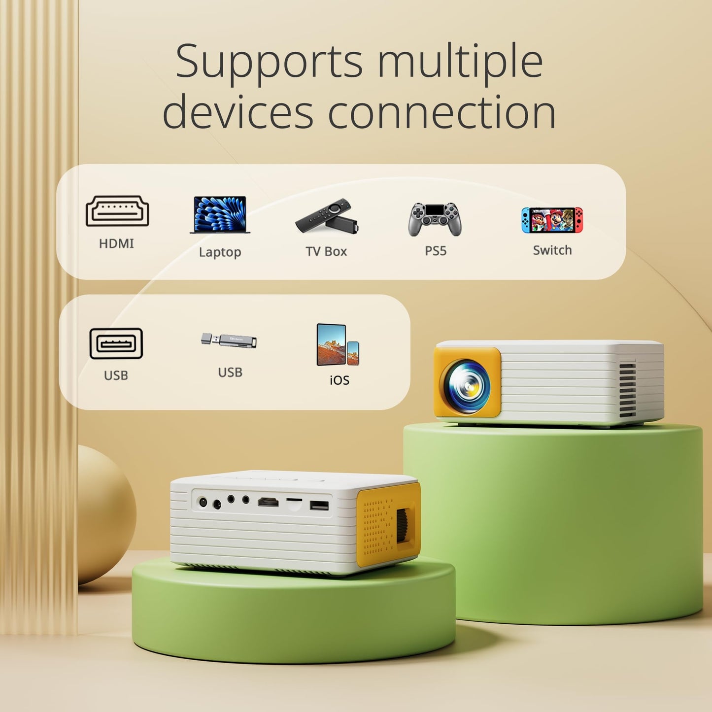 Mini projector for mobile phones, 2025 YOTON Y3 small 1080P supported, 15000L mini projector for home theater, 50% zoom outdoor projector compatible with HDMI/USB/Phone/PS5/TV Stick/The best choice for kids.