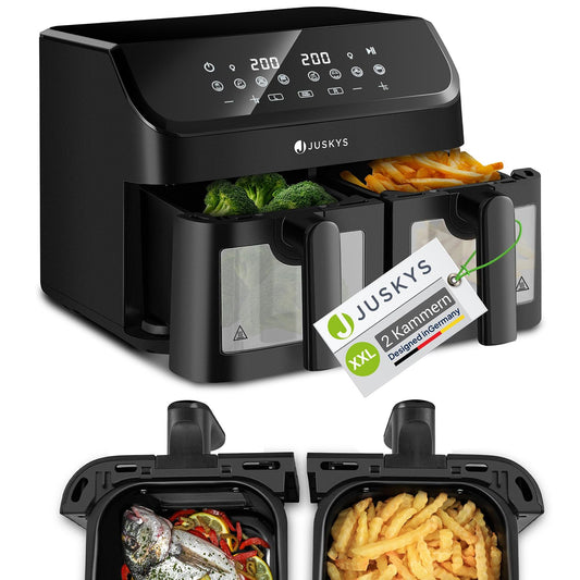 Juskys Airfryer 9 L Double Chamber - Hot Air Fryer with 2 chambers, 9 programs, coated, XXL deep fryer.