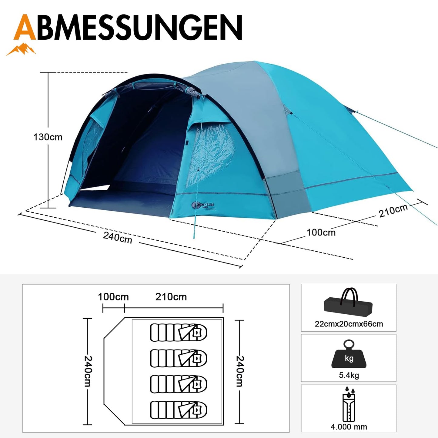 PORTAL Blackout tent for 3-4 people with front vestibule. Dome tent with 4000mm waterproof rating. Ideal for camping, traveling, festivals, and outdoor activities with family.