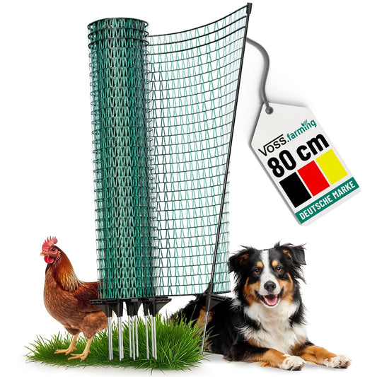 VOSS.farming 20m garden net, universal boundary fence, 80cm, 12 posts, dark green, dog fence, camping fence, garden protection.