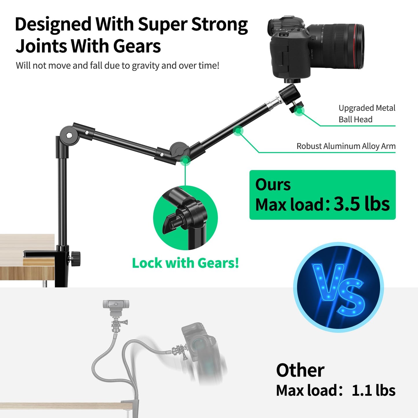 KDD Webcam Mount Camera Stand 55.1cm, with Phone Holder & 5/8" Screw, Light Stand Clamp 360° Gooseneck for Logitech C922 C930e C920 C925e C615 Brio 4K, GoPro Hero Blue Yeti