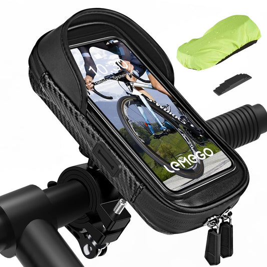 Waterproof bicycle phone mount with 360° rotatable design fits 4.7-7 inch smartphones. Includes rain cover for protection. Ideal for motorcycle or bike handlebars.