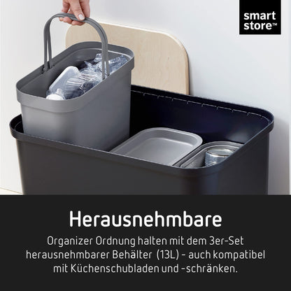 SmartStore Recycling Trash Can - 76L large kitchen bin with wooden lid, 3 x 13L bucket inserts, 2 x small lids - sturdy recycling bins for the kitchen - black kitchen bin (L x W x H) 57 x