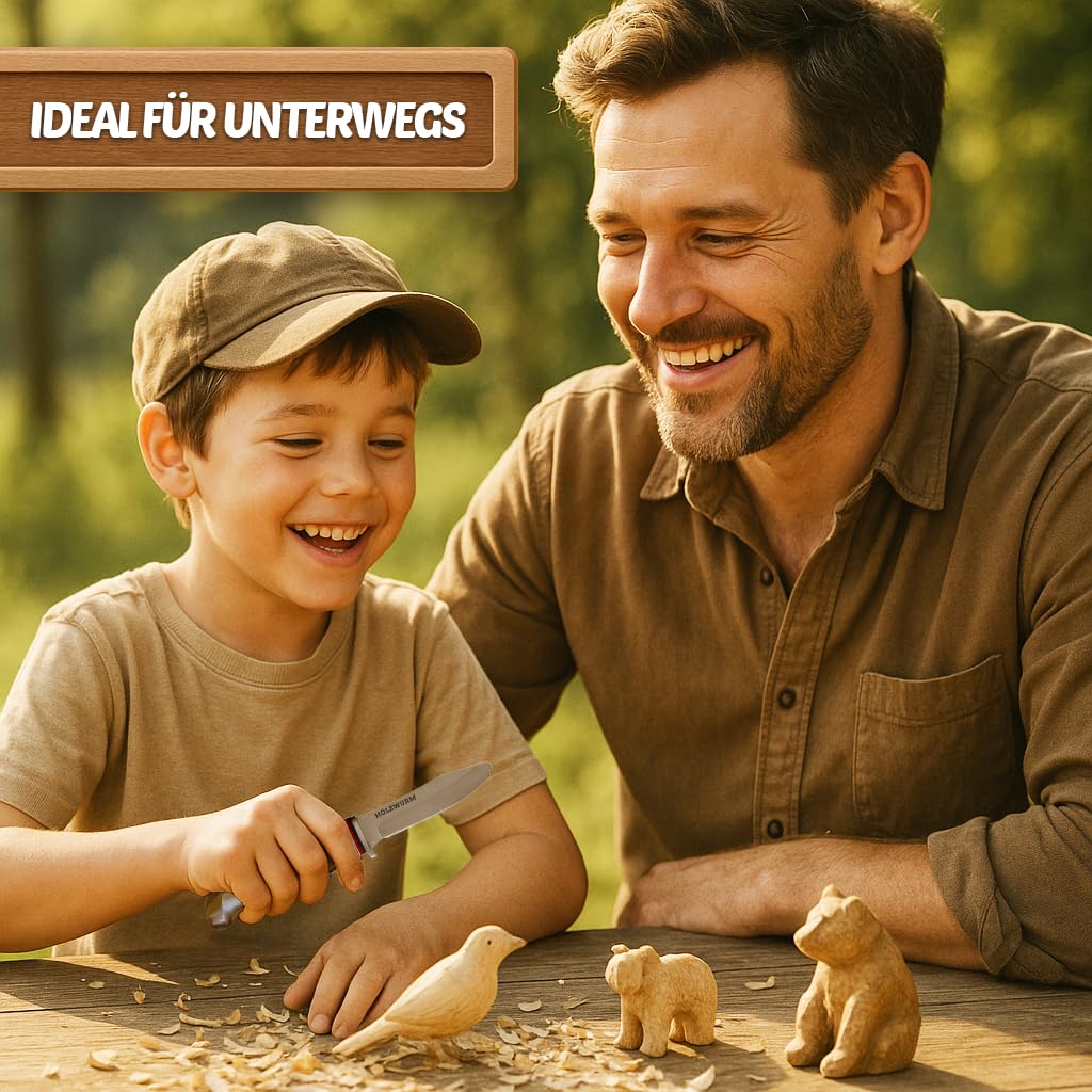 WOODWORM Children's Carving Knife in Leather Pouch, ideal pocket knife and outdoor knife for kids for carving (dark)