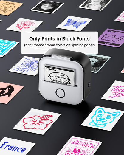 Mini printer for smartphone - sticker printer T02 Portable mini printer Inkless print pods Bluetooth pocket printer Phone printer for study graphics, anatomical diagrams, photos, journal