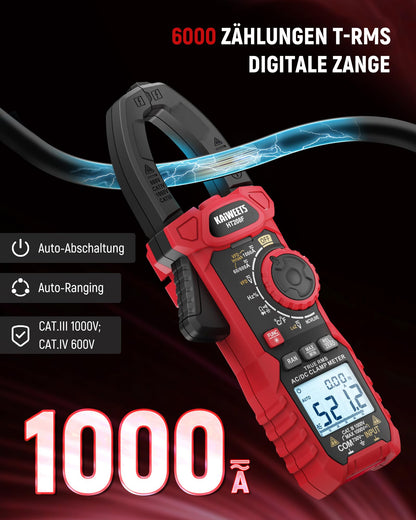 KAIWEETS 1000A AC/DC Current Clamp Meter, 6000 Count Current Measurement Clamp Meter, VFD and LoZ mode, Upgraded Black and White Screen, AC/DC, Resistance, Capacitance, Inrush Current Measurement