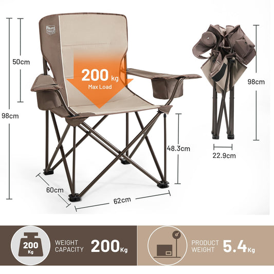 TIMBER RIDGE Folding Camping Chair 200KG Oversized 63cm Wide Seat Portable Camp Chair Comfortable Padded with Insulated Cooler Bag Camping Recliner Garden Chair Fishing Chair