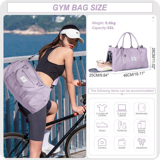 HYC00 Sport Duffel Bag for Women Men, Gym Bag with Wet Pocket & Shoe Compartment, Travel Duffel Bags Overnight Bag Travel Bag Carry on Luggage Fitness Bag Workout Bag Weekender Bag, Purple