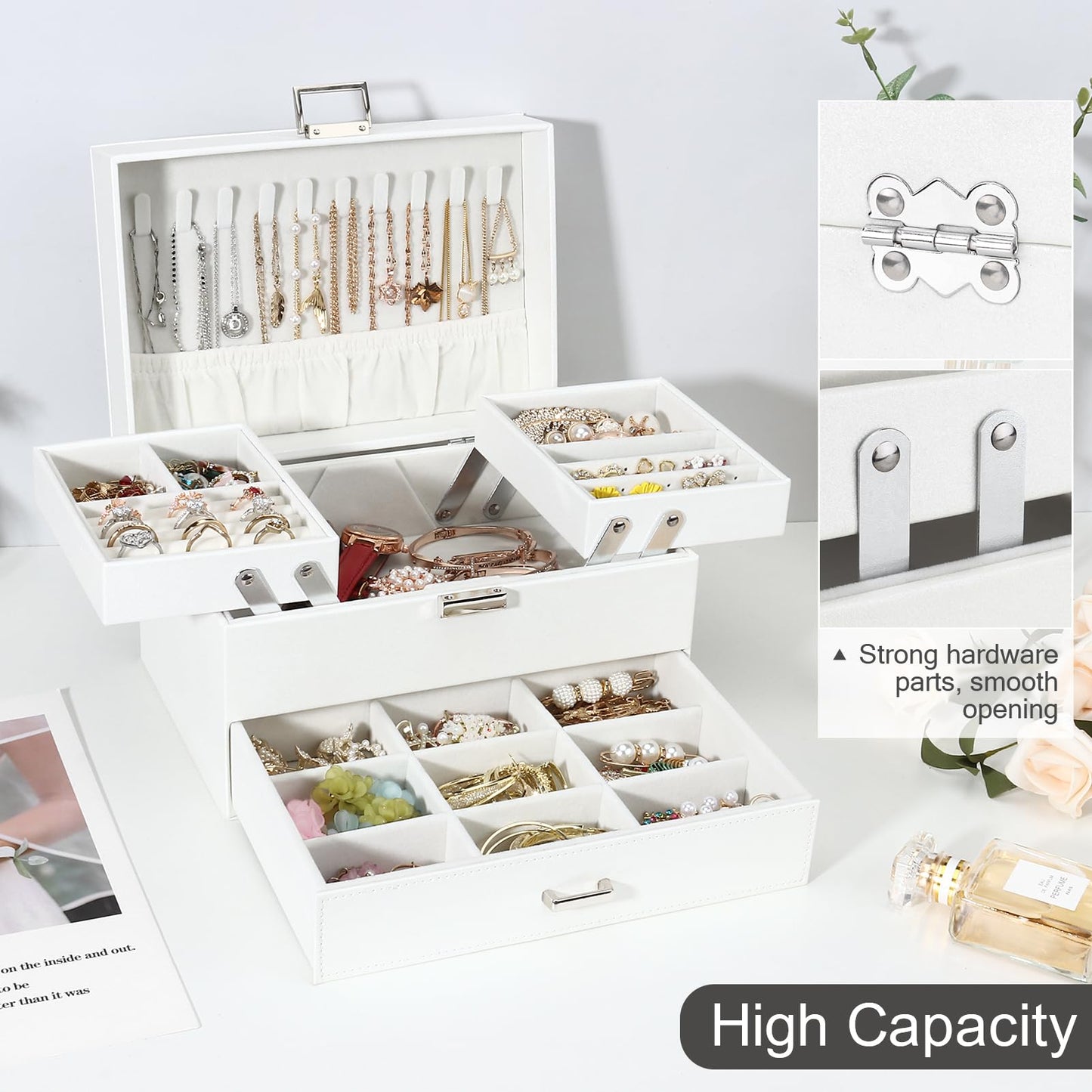 Jewelry box, jewelry case with drawers for women girls, PU leather jewelry box jewelry box jewelry case large jewelry storage for rings earrings bracelets necklaces, white.