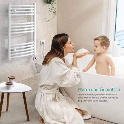 EMKE electric towel radiator 120x40 cm, Curved bathroom heater electric with thermostat, Towel dryer towel warmer with timer White 500 Watt