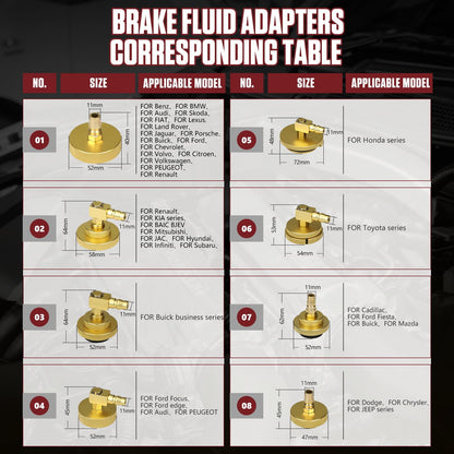 17-piece brake bleeding tool kit with quick adapter, metal brake bleeding adapters for vehicles, brake fluid reservoir adapter suitable for 90% of brake bleeding sets.