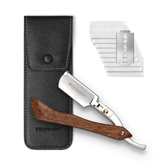 Störtebekker® premium straight razor with wooden handle in handmade leather case (black) including alum stick & shaving guide [+ 10 blades] - gift idea - straight razor set - wet shaving set - shaving kit