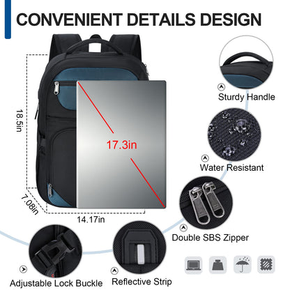 IGOLUMON backpack for men work large laptop backpack 17 inch with USB charging port waterproof school backpack boys teenagers multifunctional business notebook backpack women Blue