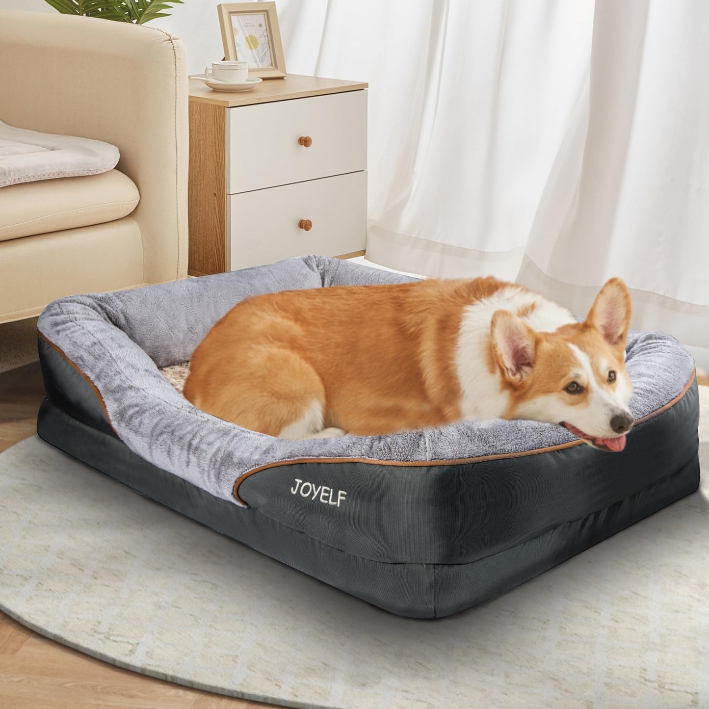Joyelf dog bed made of memory foam, orthopedic dog bed & sofa with removable, washable cover and squeaky toy as a gift.