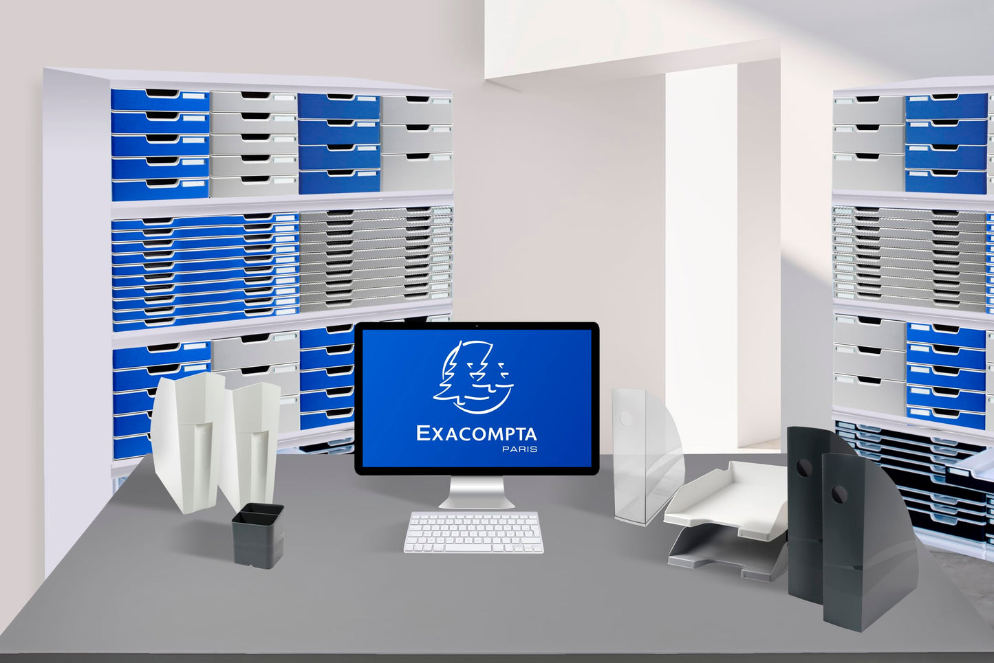 Exacompta 310003D Premium filing box with 4 drawers for A4+ documents. Durable drawer box with high capacity for more space on the desk. Big Box Office Light Grey|Blue