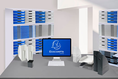 Exacompta 310003D Premium filing box with 4 drawers for A4+ documents. Durable drawer box with high capacity for more space on the desk. Big Box Office Light Grey|Blue