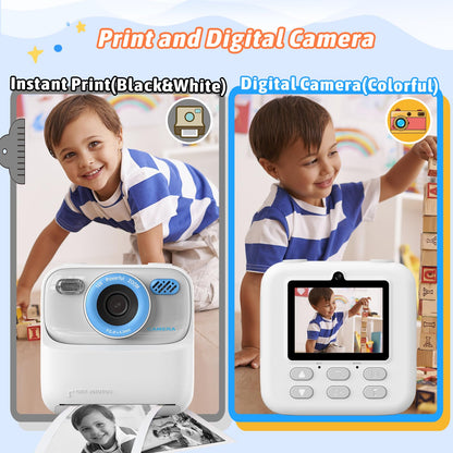 Upgrade kids camera instant print for boys and girls, 1080P HD dual-lens selfie digital camera with printing paper & 32G card, Christmas birthday gifts toy for toddlers and teens.
