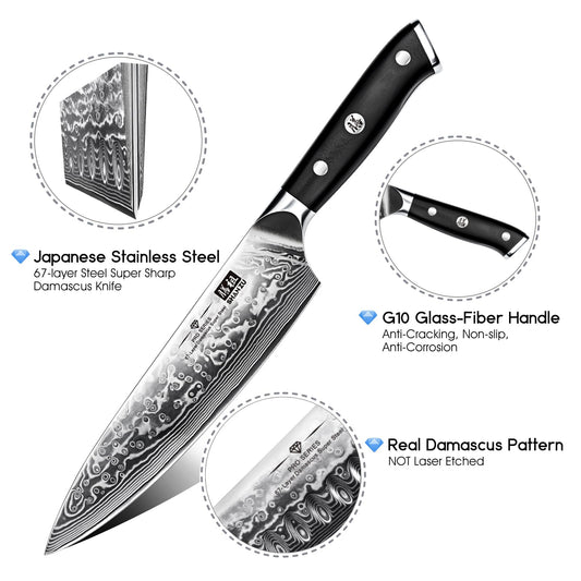 SHAN ZU Damascus Knife Chef Knife 67 Layers Damascus Steel Kitchen Knife with G10 Handle 20CM - PRO Series