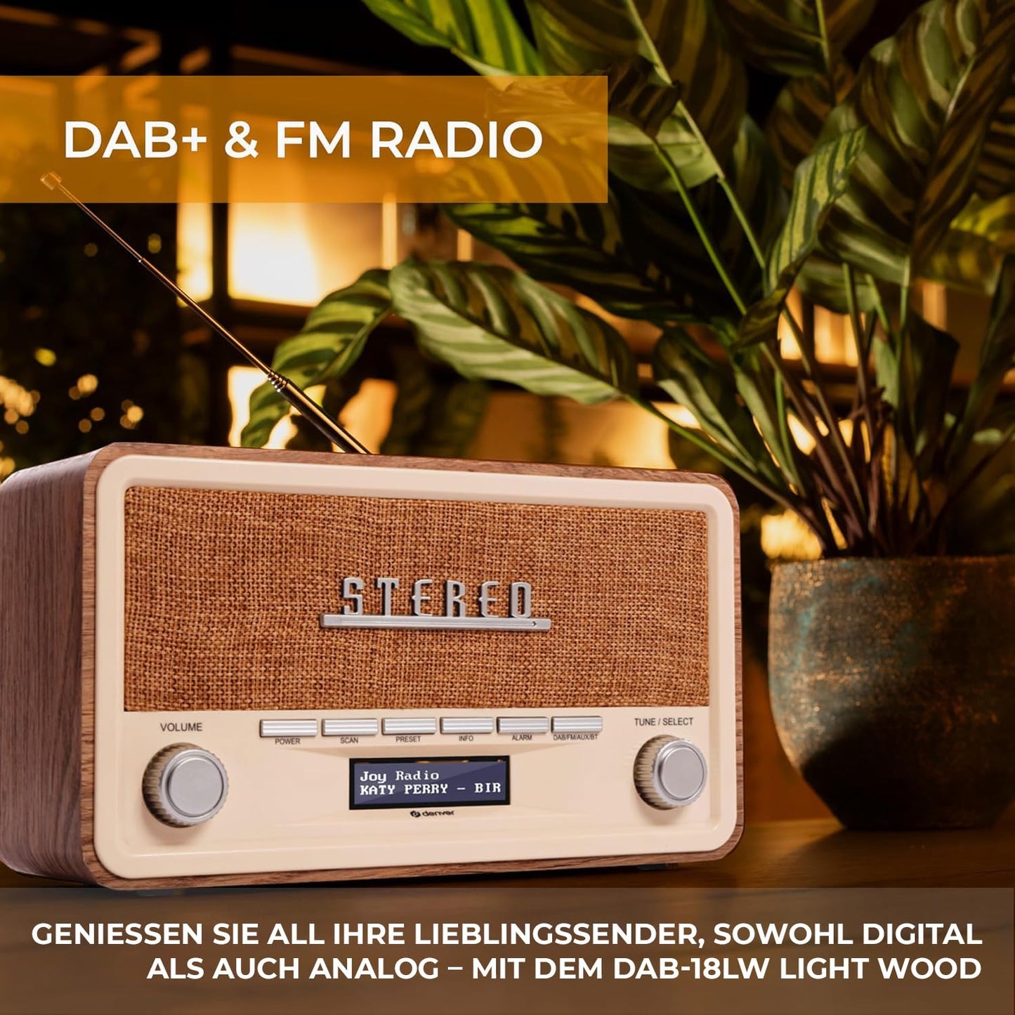 Denver Retro DAB-18 Digital radio | DAB Plus radio with Bluetooth & FM | 2x20W stereo speakers | Small radio with power plug | Kitchen radio with good sound | LCD display & alarm function