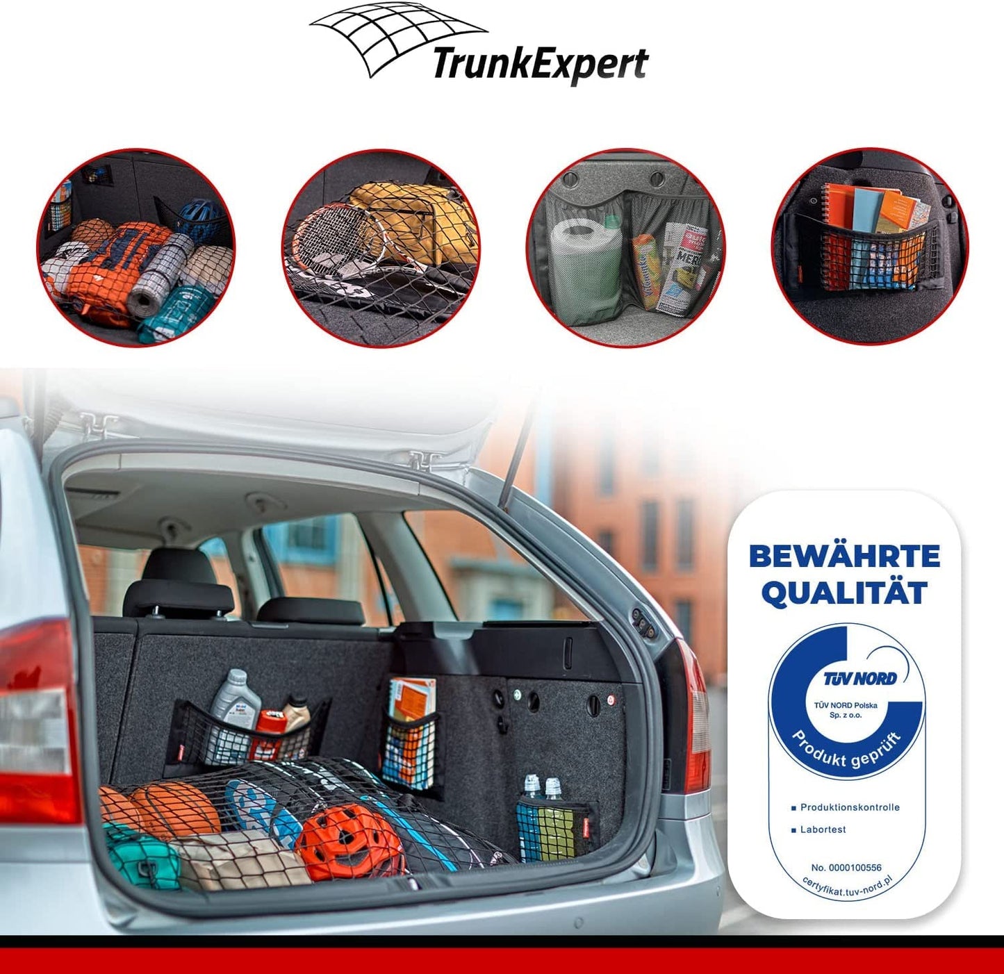 TrunkExpert trunk net compatible with Ford Kuga III SUV, from 2019, elastic luggage net organizer & security for car net storage, net bag with Velcro.