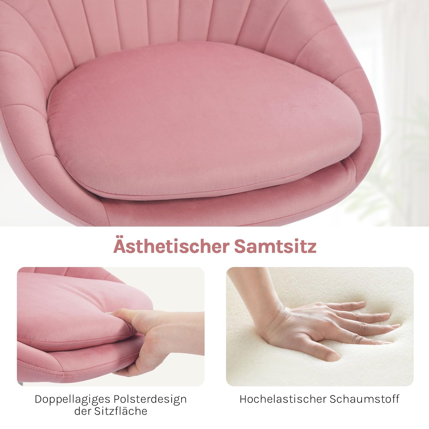 WOLTU home office chair, ergonomic office chair, swivel vanity chair, swivel chair with casters, desk chair with 150 kg weight capacity, for study bedroom, velvet, pink, BS167rs