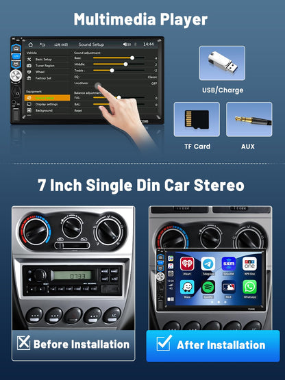 Hikity 7 Inch 1 Din Car Stereo with Bluetooth, Android Auto, Wireless Carplay, Touch Screen with Mirror Link for Android/iOS, FM Radio, USB, SWC, TF, Rear View Camera