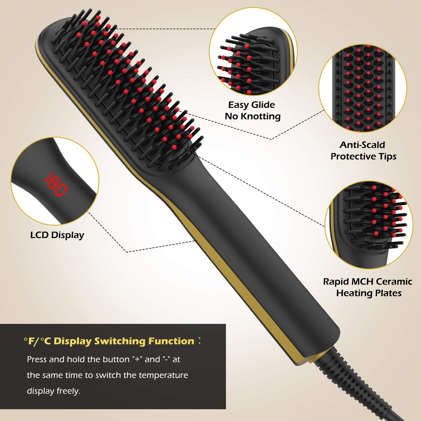 Men's beard straightener, Electric beard straightening comb, Ceramic and Ionic heated hair straightening brush, LED display with adjustable temperature, Dual voltage for travel and home.