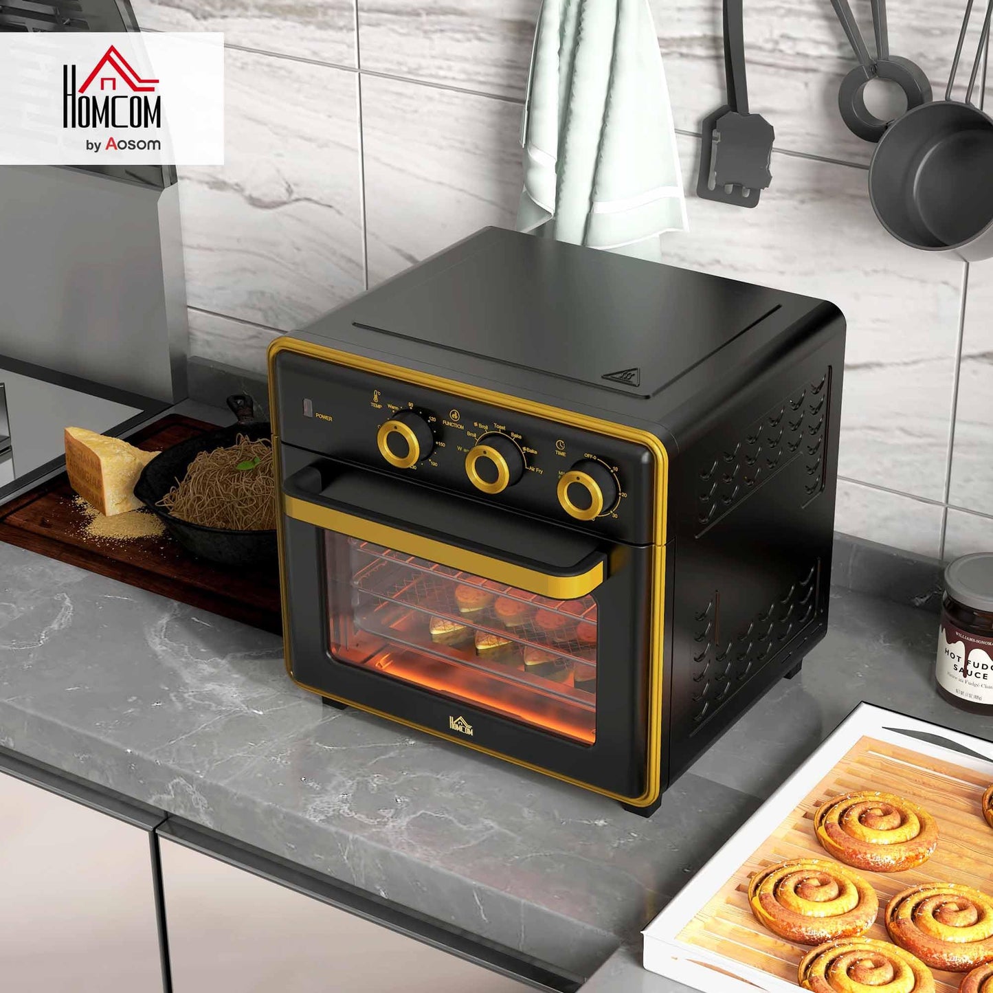 HOMCOM mini oven with convection 20L includes baking tray, grill rack, and crumb tray. Temperature range from 90°C to 230°C, 5 modes, fry basket, 60 min. timer, 1400W, metal construction.