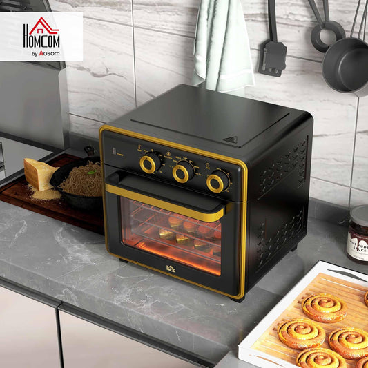 HOMCOM mini oven with convection 20L includes baking tray, grill rack, and crumb tray. Temperature range from 90°C to 230°C, 5 modes, fry basket, 60 min. timer, 1400W, metal construction.