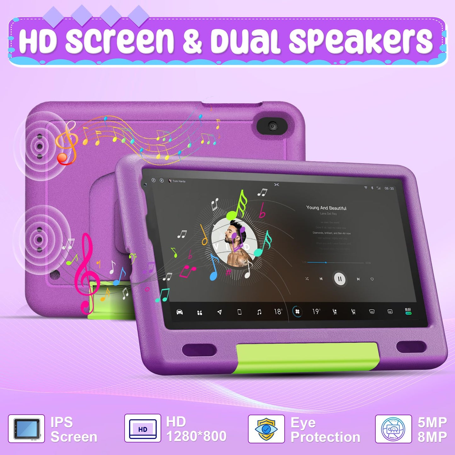 DUODUOGO Kids Tablet 9 Inch Android 12, 8GB RAM + 128GB ROM/TF 1TB, WiFi, 5000mAh, Kids Tablet with Parental Control, Kid Learning Games, Tablet for Kids 6+, with Cases, Computer Bag, Purple