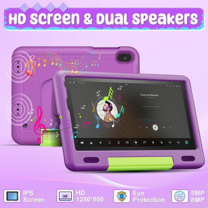 DUODUOGO Kids Tablet 9 Inch Android 12, 8GB RAM + 128GB ROM/TF 1TB, WiFi, 5000mAh, Kids Tablet with Parental Control, Kid Learning Games, Tablet for Kids 6+, with Cases, Computer Bag, Purple