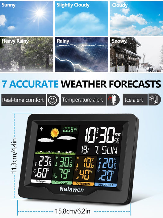 Kalawen weather station with 3 outdoor sensors indoor and outdoor Multifunctional wireless weather station Color display Digital with thermometer hygrometer DCF radio clock Weather Station for home office home garden