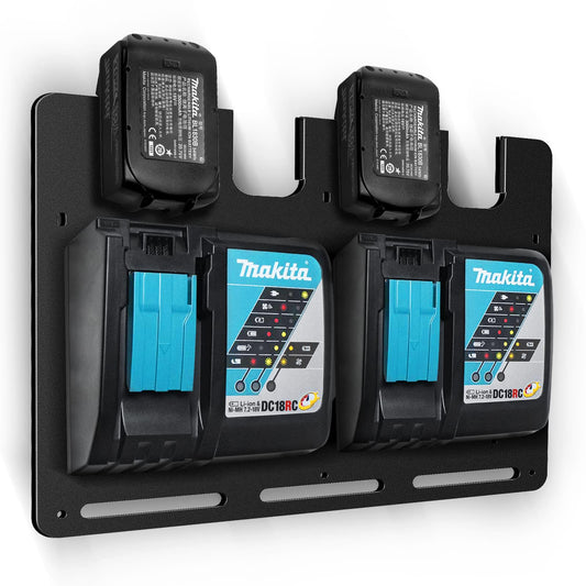 Bonna wall mount for Makita battery holders and chargers | Stable 4-slot battery holder 18V 14.4V and charger holder | Makita 2xDC18RC and 1xDC18RD | Organization in workshop and garage.