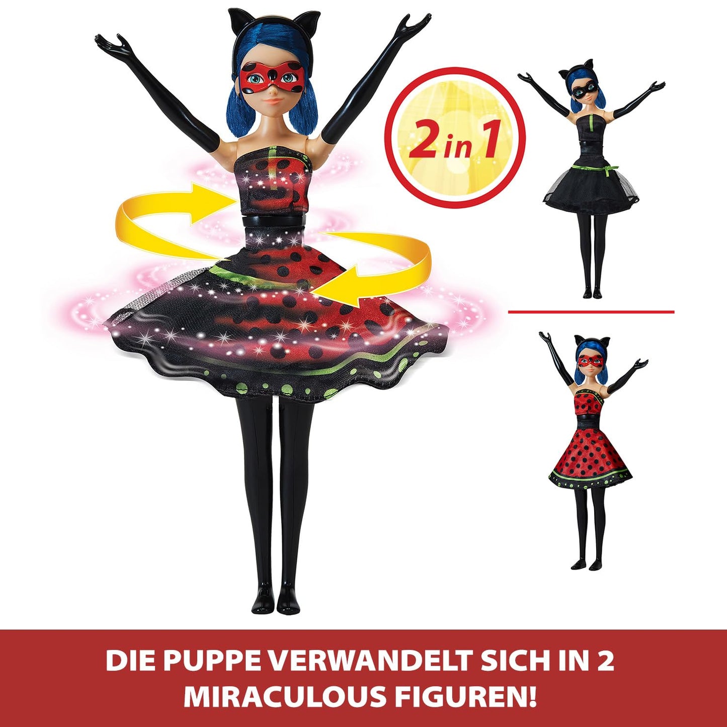 BANDAI - Miraculous - Transformation Doll Ladybug - 26 cm doll that transforms into Lady Noire and Bug Noire - Toy Moveable doll with 2 outfits - Toy for children aged 4 and up - P50414