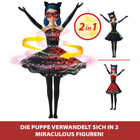 BANDAI - Miraculous - Transformation Doll Ladybug - 26 cm doll that transforms into Lady Noire and Bug Noire - Toy Moveable doll with 2 outfits - Toy for children aged 4 and up - P50414