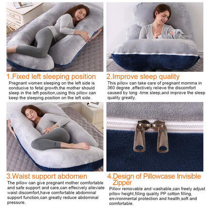 ShowyLive Pregnancy Pillow 145x70cm J-shaped Full Body Pillow Maternity Body Pillow for Sleeping with Removable and Washable Cover Sleep and Feed (gray+blue, Velvet)