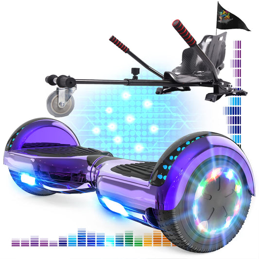 RCB Hoverboard with Seat and Hoverkart Set 6.5 inch hoverboards for kids, Hoverboards with Bluetooth and LED lights, Go-Kart Solid Seat, Gift for Kids