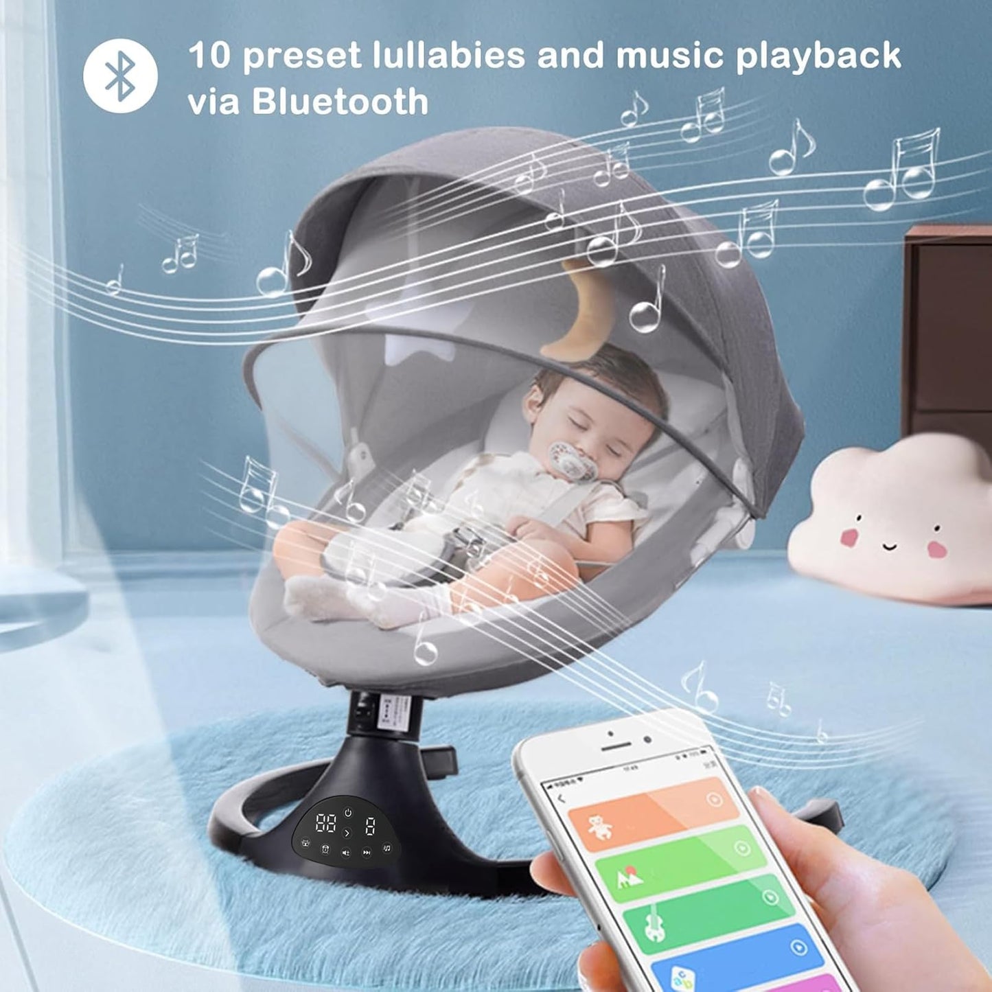 Baby bouncer, swing with tilting function, foldable, rocking baby with Bluetooth function.