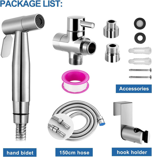 Bidet Handheld Sprayer Set, Premium Stainless Steel Brushed Bidet Handheld Sprayer, Bidet Sprayer for Shower Bathroom Hygiene Toilet Paper Diaper Cleaning, with G1/2" Valve and a G3/8" Adapter.